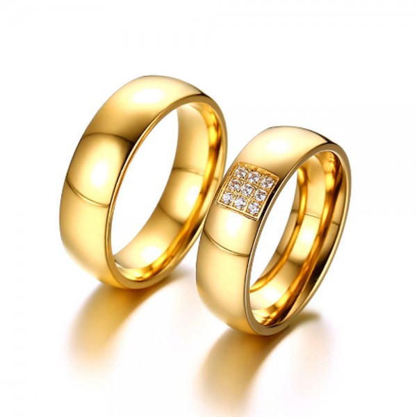 Stainless Steel Golden Ring For Couples Inlaid Cubic Zirconia Luxury ...
