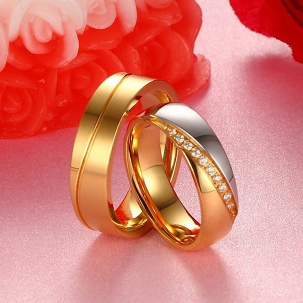 Stainless Steel Golden Ring For Couples Inlaid Cubic Zirconia Fluted ...