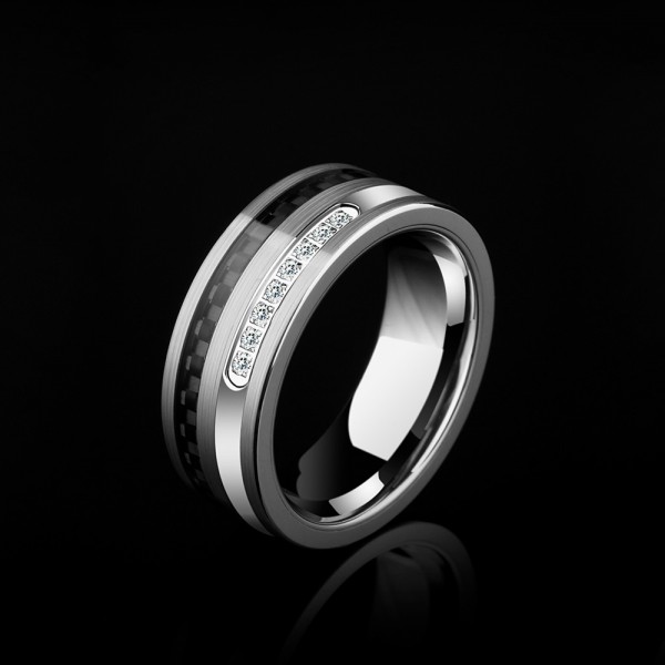 Tungsten Men's Silvery Ring Inlaid Carbon Fibre and Cubic Zirconia ...